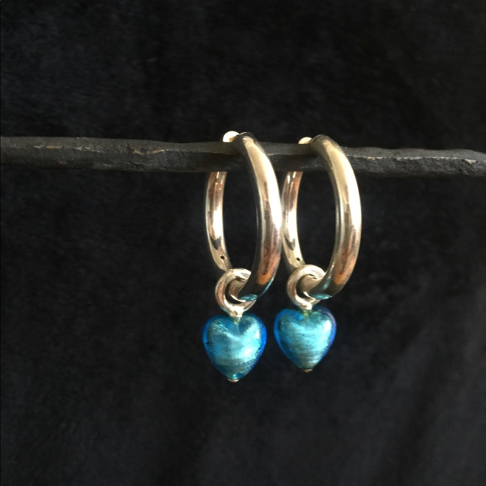 Sterling Silver Hoops with Blue Glass Hearts